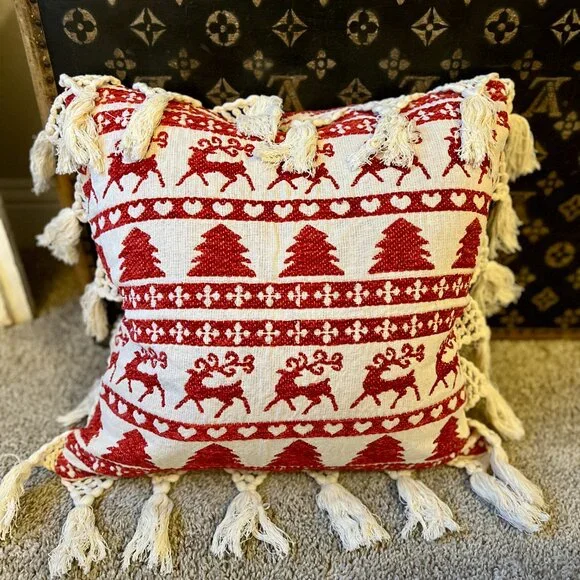 Pair of Christmas Red White Tapestry Pillow Covers Deer, Tree, Hearts - Picture 3 of 6